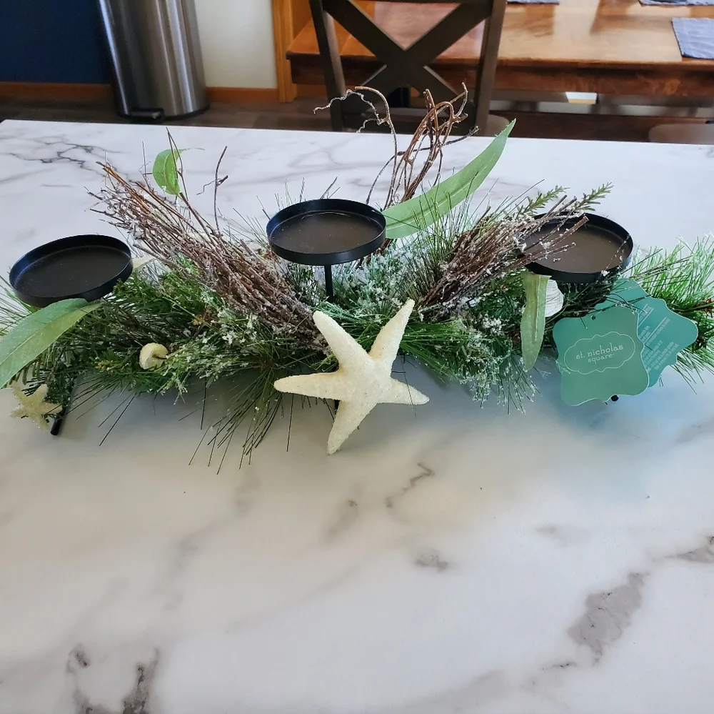 Frosted Pine Triple Candle Holder with Starfish & Sea Shells